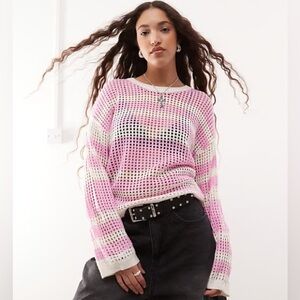 Noisy May Open Knit Sweater In Pink Stripe